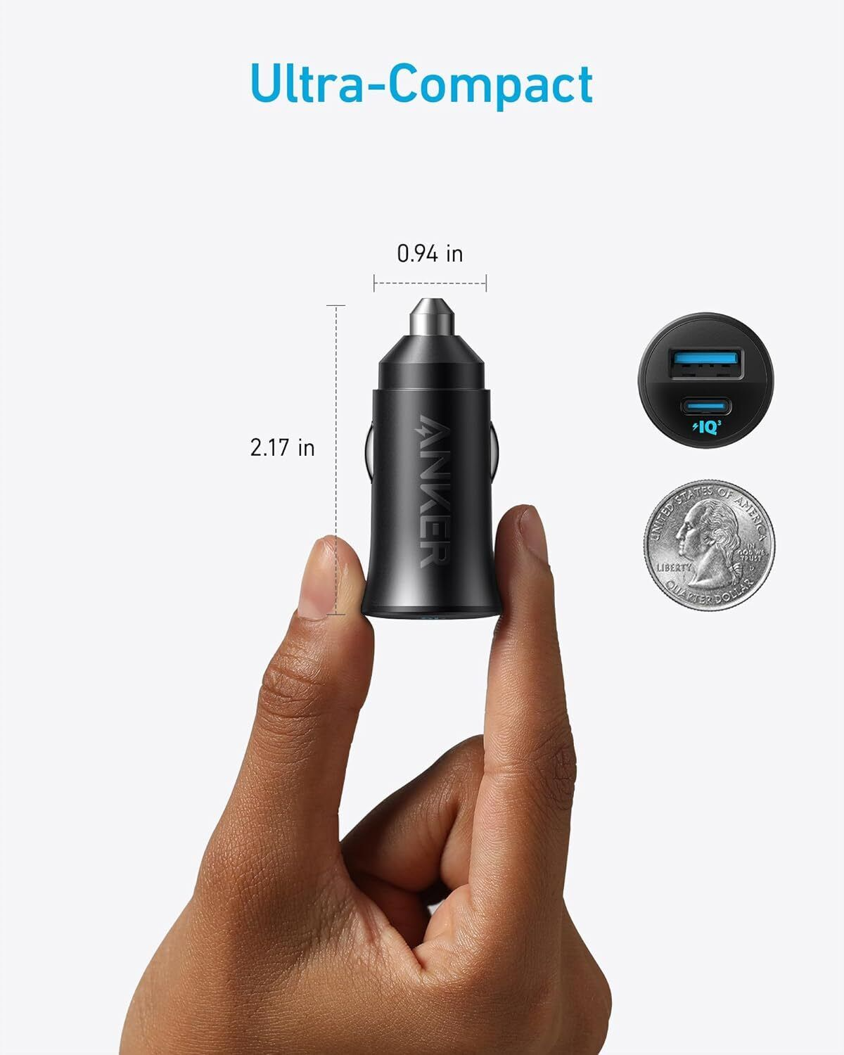 Anker USB-C Car Charger 30W 2-Port Type-C Adapter PowerIQ 3.0 for iPhone/Samsung